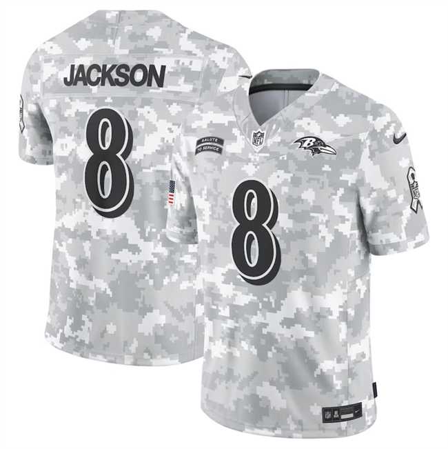 Mens Baltimore Ravens #8 Lamar Jackson 2024 Arctic Camo Salute To Service Limited Stitched Jersey Dyin